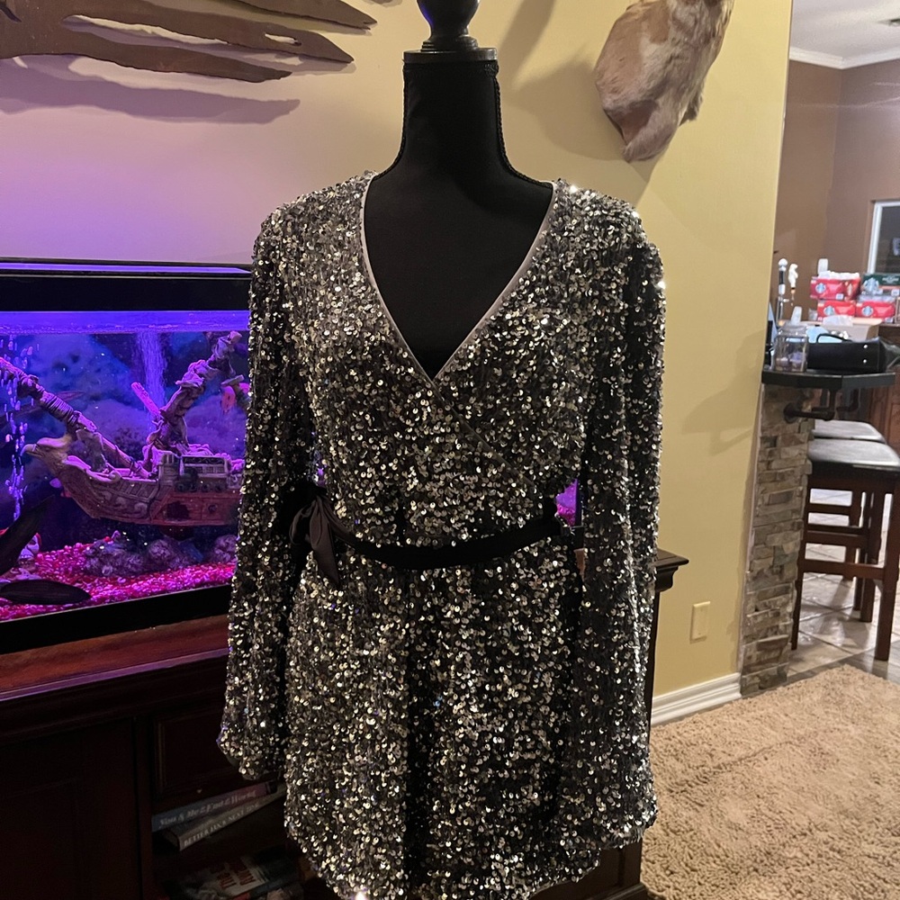 Silver Sequin Long Sleeve Short Outfit Gently Worn Twice Size large Womens.